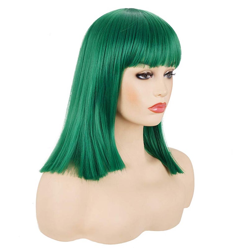 morvally Short Straight Bob Wig Heat Resistant Hair with Blunt Bangs Natural Looking Cosplay Costume Daily Wigs for Women (14", Green) - Image 2